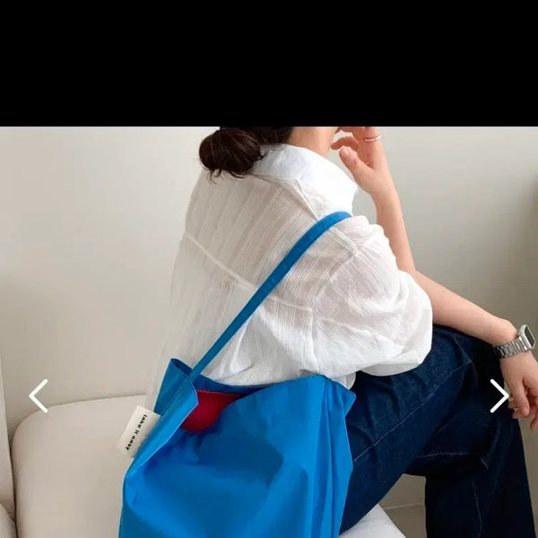 [BUNJANG] Blue Tote Bag with Red Pocket / 블루 토트백 레드 포켓 추가