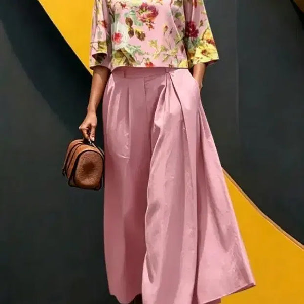 [BUNJANG] Floral Pattern Blouse + Pink Wide Pants Set / 플로럴 패턴 블라우스 + 핑크 와이드 팬츠 세트