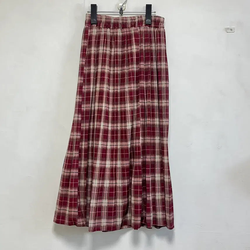 [BUNJANG] Red Checkered Banding Long Skirt / 레드 체크 밴딩 롱 스커트