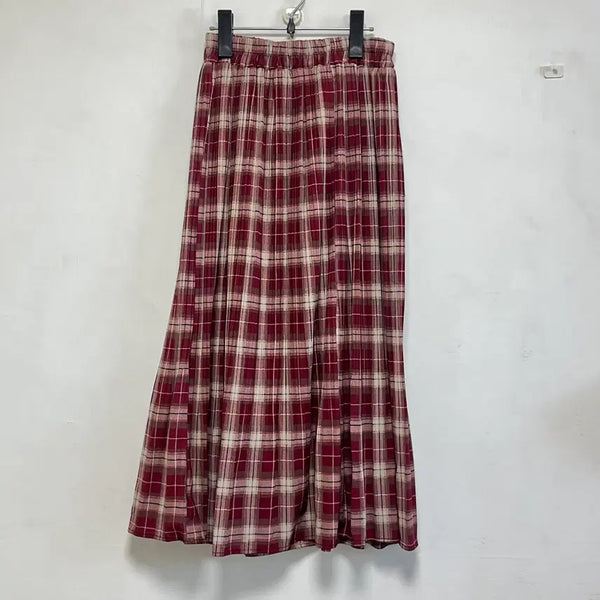 [BUNJANG] Red Checkered Banding Long Skirt / 레드 체크 밴딩 롱 스커트