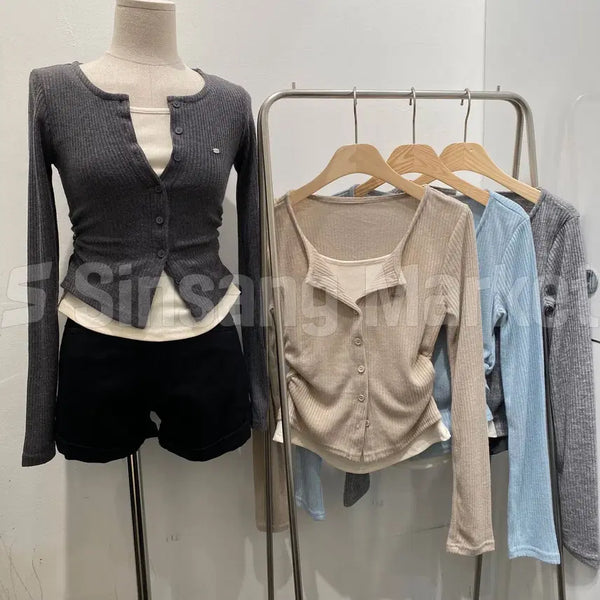 [BUNJANG] Women's Ribbed Shirring Layered Knit Top / [빠른발송] 로덴 골지 셔링 NT 배색 레이어드 옆셔링 슬림핏 골지 투톤