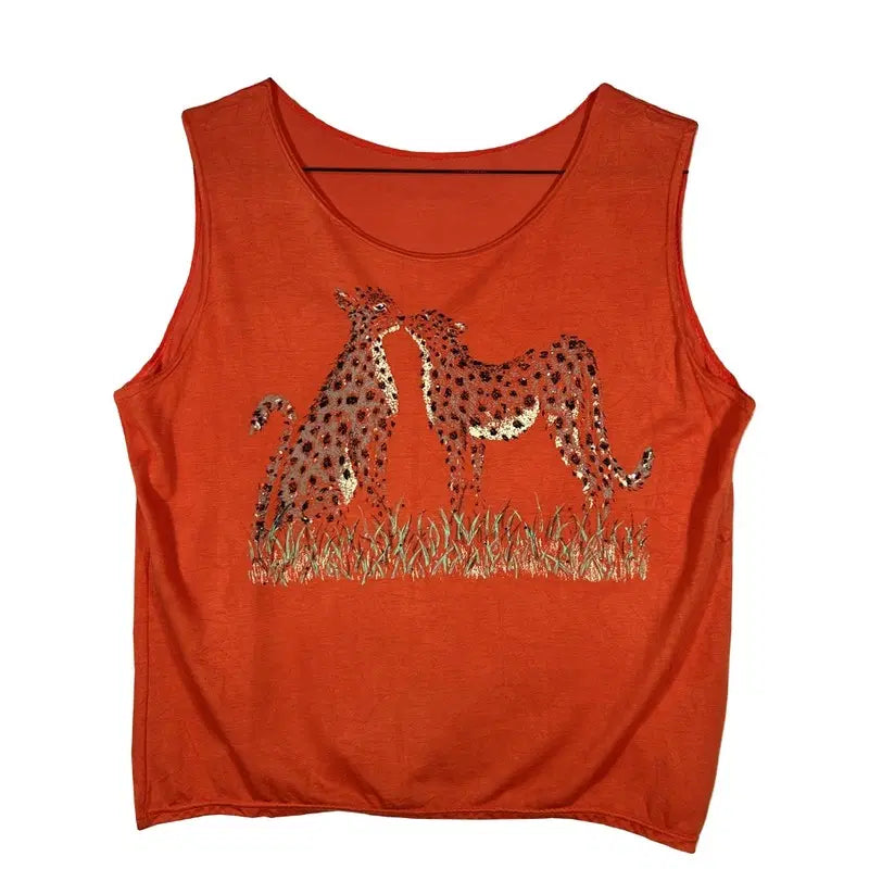 [BUNJANG] Orange Cheetah Print Sleeveless Top / 오렌지 치타 프린팅 슬리브리스 나시티 [L]사파리룩