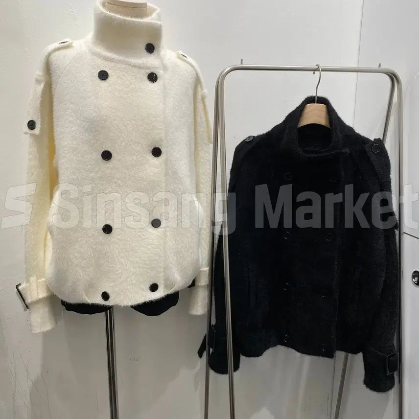 [BUNJANG] Demeure Angora Knit Jacket Half Double Button High Neck Trench Coat / [빠른발송] 드뮤어앙고라 니트 자켓 하프 더블단추 하이넥 트렌치 코트 가