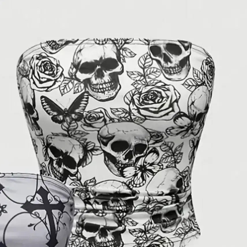 [BUNJANG] Skull Print Strapless Top / 추석세일!스컬 프린트 스트랩리스 탑