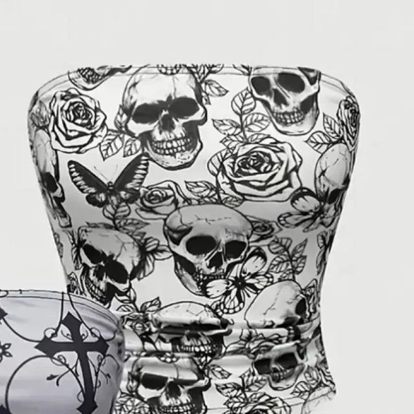 [BUNJANG] Skull Print Strapless Top / 추석세일!스컬 프린트 스트랩리스 탑