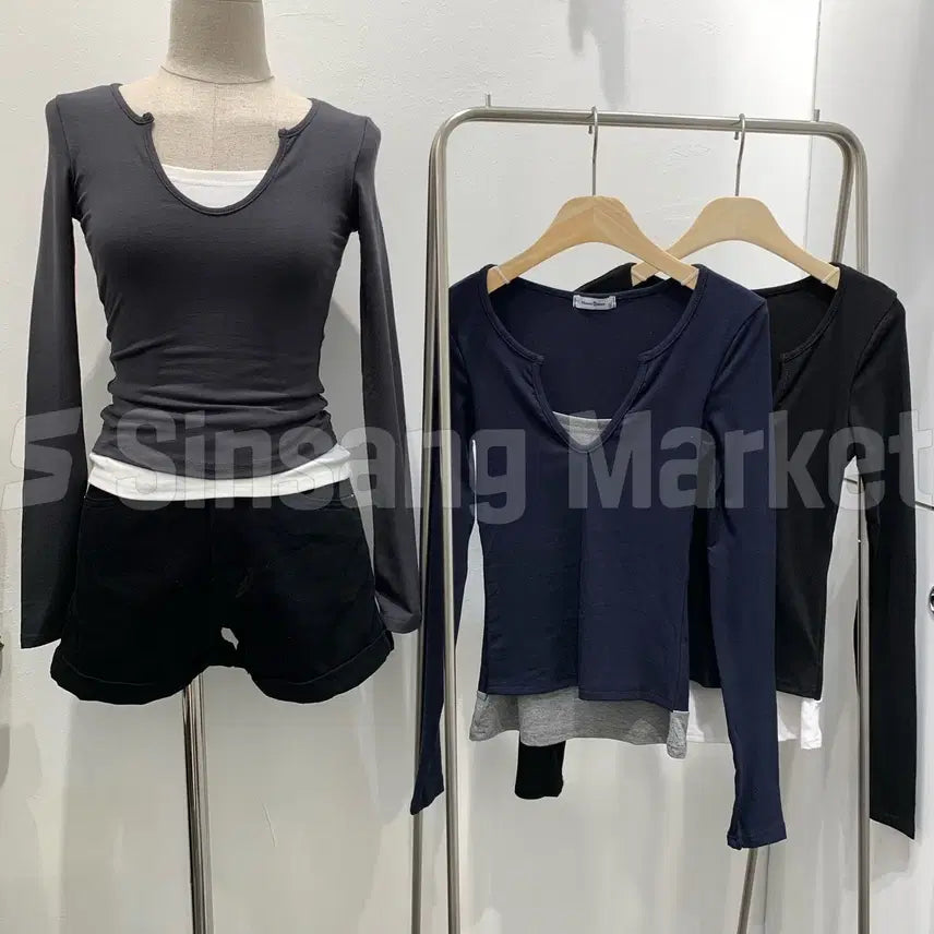 [BUNJANG] Layered V-Neck Long-Sleeve T-Shirt / [빠른발송] 푸딩배색T 레이어드 브이넥 쫀쫀 가을 긴팔티 데일리