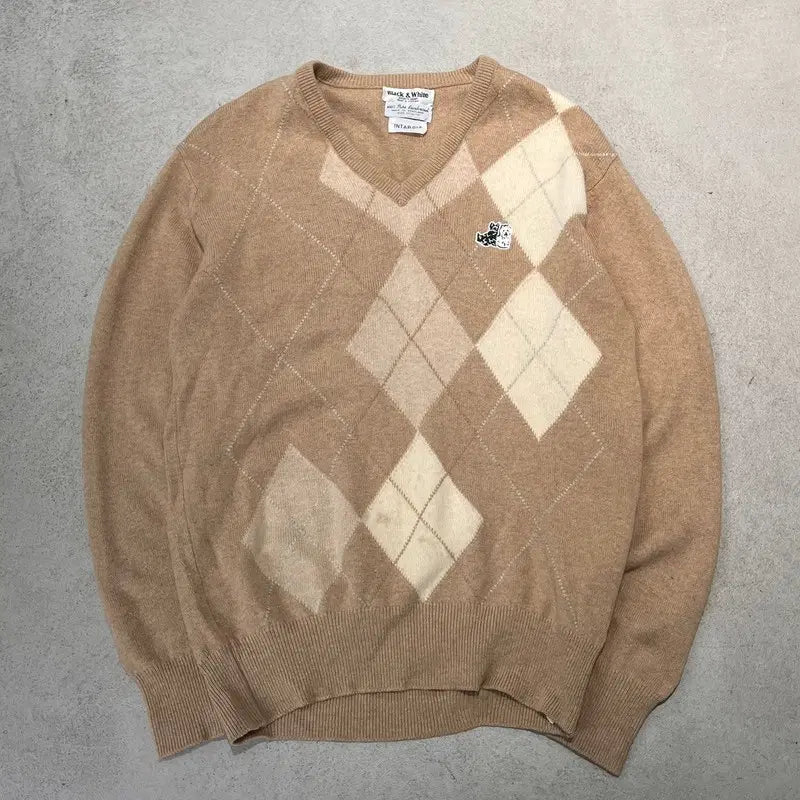 [BUNJANG] Black & White Argyle V-Neck Knit Sweater / 블랙앤화이트 아가일 브이넥 니트 스웨터 s12743
