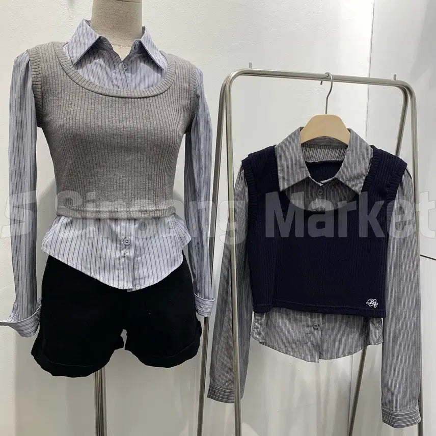 [BUNJANG] Abelvie Layered Stripe Knit Vest / [빠른발송] 아빌뷔스티에SH 일체형 레이어드 배색 스트라이프 니트 조끼
