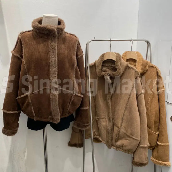 [BUNJANG] Soft Suede Shearling Lined High Neck Zip-Up Winter Outer Jacket / [빠른발송] 소프스웨이드무스탕 하이넥 집업 퍼안감 포켓 겨울 아우터 자켓
