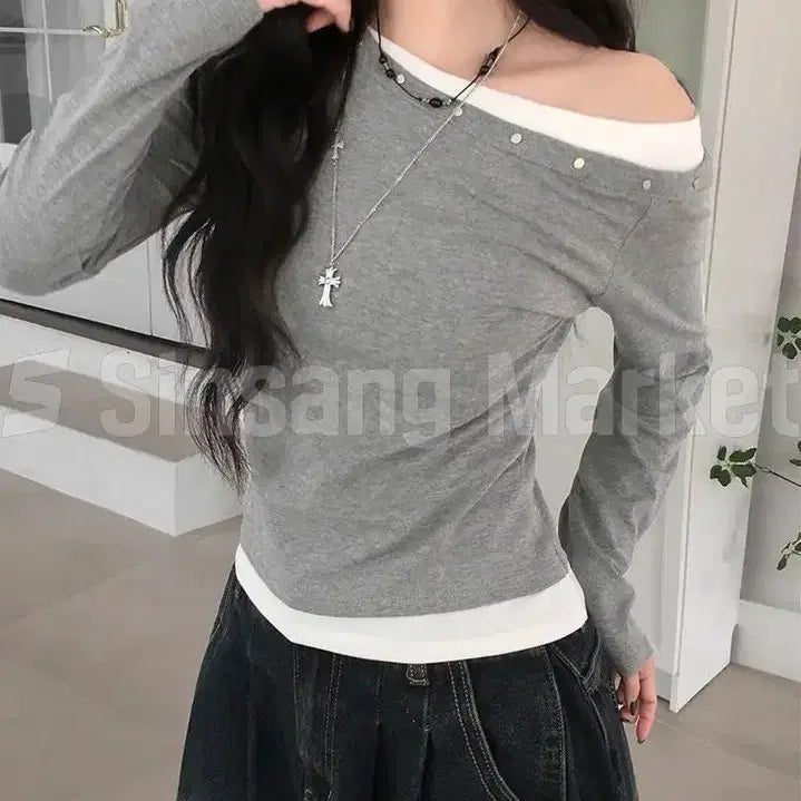 [BUNJANG] Lucid One-Shoulder Off-Shoulder Long-Sleeve Top / [빠른발송] 거래처사진 루시드찡오프T 원숄더 슬림 오프숄더 긴팔티 배색언