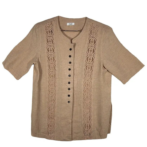 [BUNJANG] Linen Blend Short Sleeve Blouse - Beige / 베이지 린넨 레이스 반팔 블라우스 [L] 모리걸 페미닌룩 트리아세테이트 혼방