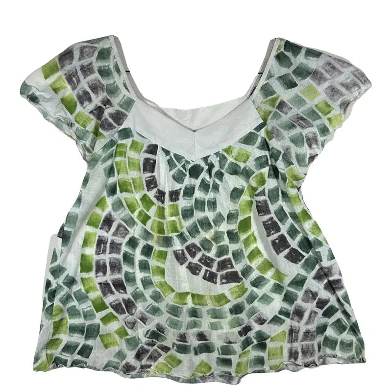 [BUNJANG] Mosaic Pattern V-Neck Cap Sleeve Blouse / 모자이크 패턴 브이넥 캡소매 블라우스 [M]유니크 페미닌룩 코튼 100%