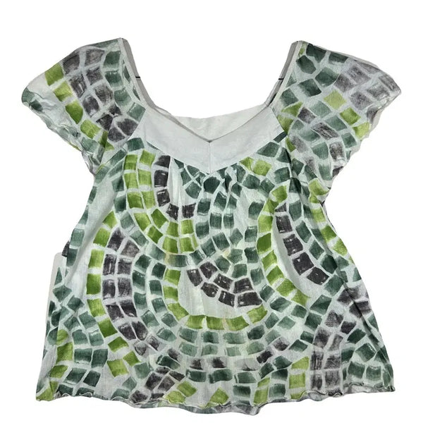 [BUNJANG] Mosaic Pattern V-Neck Cap Sleeve Blouse / 모자이크 패턴 브이넥 캡소매 블라우스 [M]유니크 페미닌룩 코튼 100%