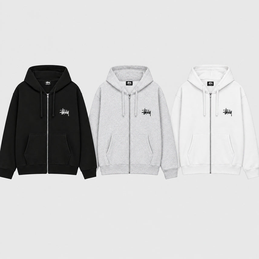 [BUNJANG] Stussy Basic Logo Hooded Zip-Up Hoodie / [정품]스투시 베이직 로고 후드집업 기모 남녀공용 오버핏 블랙 그레이 화이트