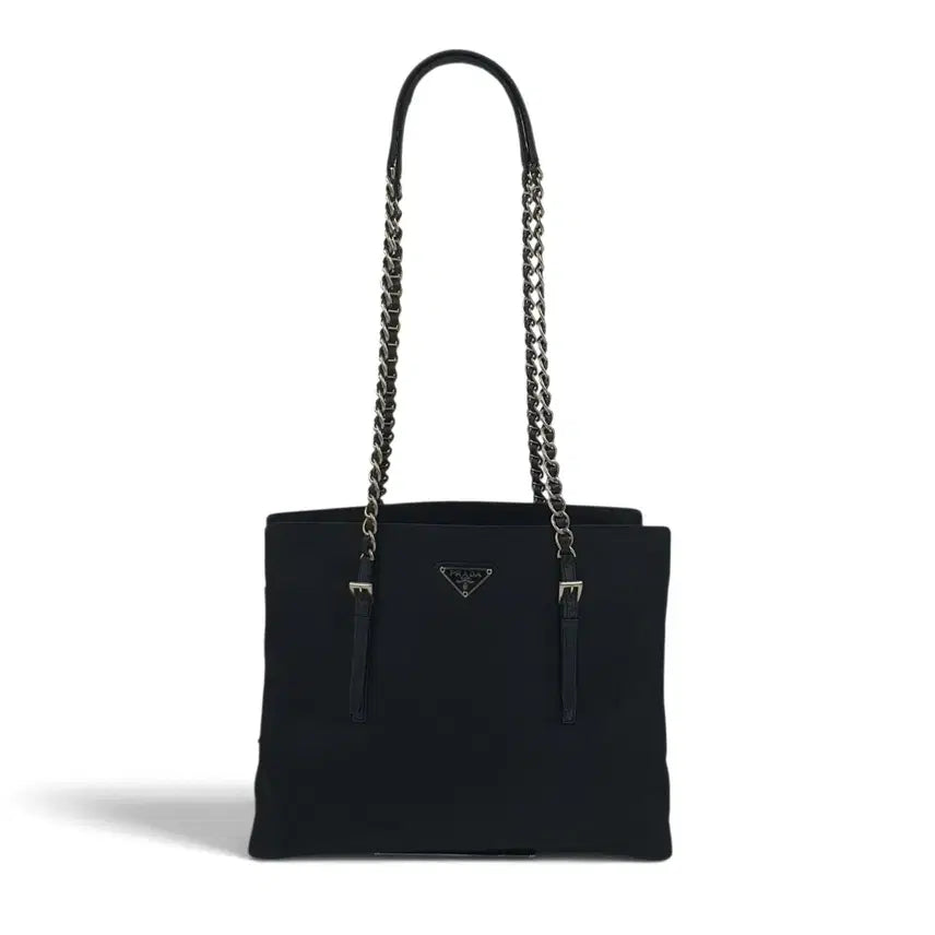 [BUNJANG] Prada Triangle Logo Silver-Tone Chain Medium Black Shoulder Bag / 프라다 삼각로고 은장 체인 미듐 블랙 숄더백