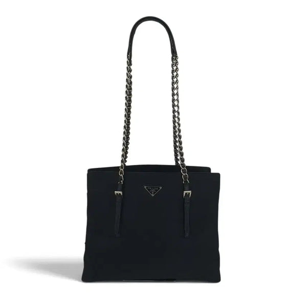 [BUNJANG] Prada Triangle Logo Silver-Tone Chain Medium Black Shoulder Bag / 프라다 삼각로고 은장 체인 미듐 블랙 숄더백