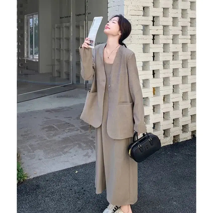 [BUNJANG] Beige Single-Button Jacket and Dress Set / 원버튼 자켓 원피스세트