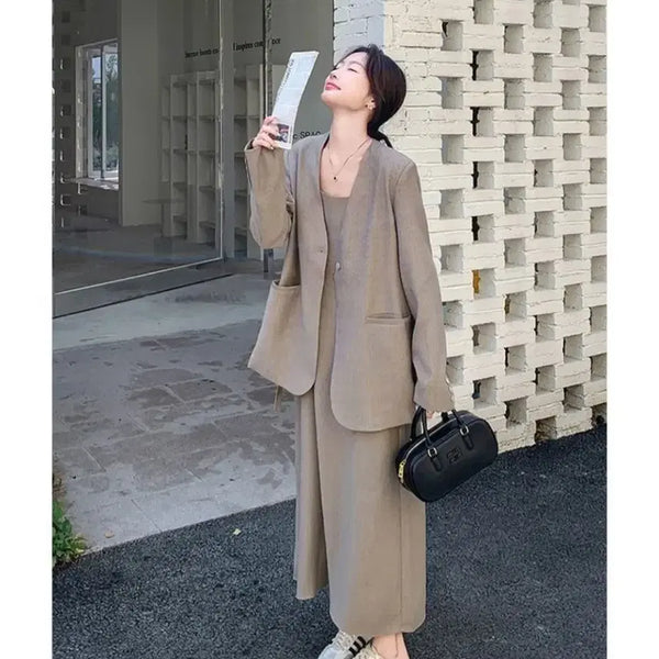 [BUNJANG] Beige Single-Button Jacket and Dress Set / 원버튼 자켓 원피스세트
