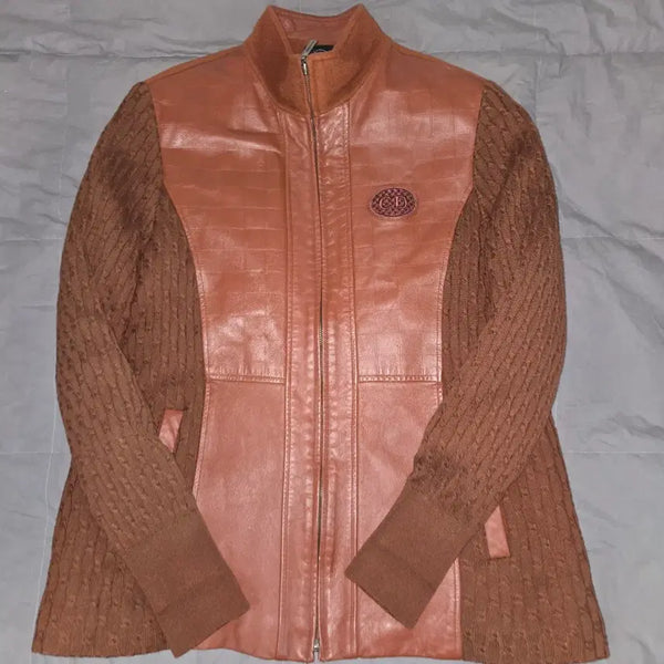 [BUNJANG] CD Leather Panel Knit Jacket Brown / CD 가죽 배색 니트 자켓 브라운 99