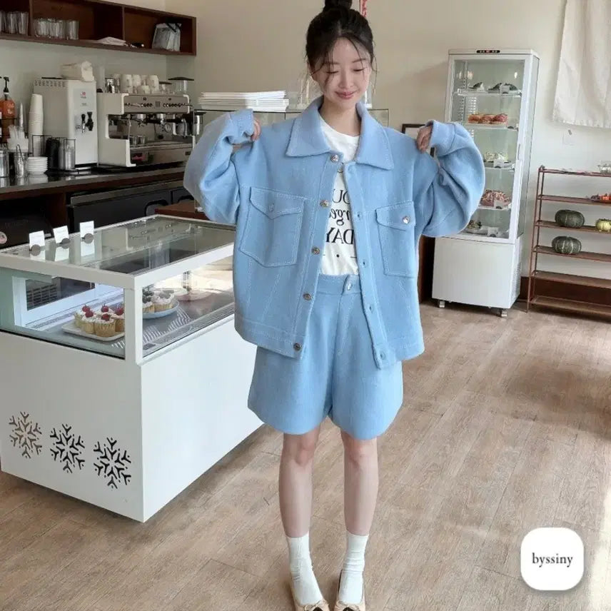[BUNJANG] Bycini Stitch Knit Set - Blue / 바이씨니스티치니트세트-블루
