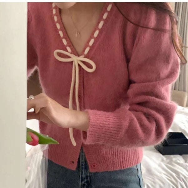 [BUNJANG] Pink Ribbon Knit Cardigan / 이쁜  핑크 리본 가디간