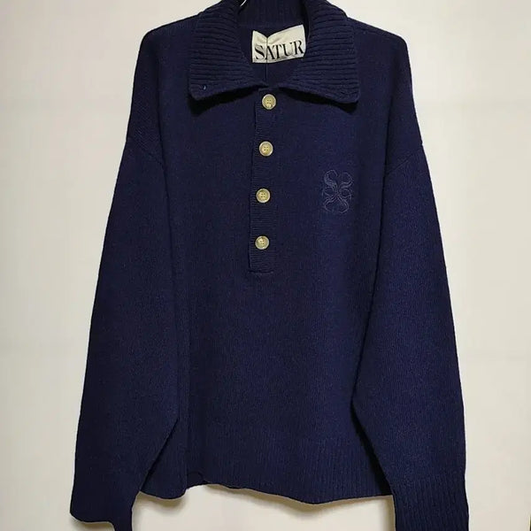 [BUNJANG] Saeter Button Knit Navy / 새터 넥 카라 단추 니트 네이비