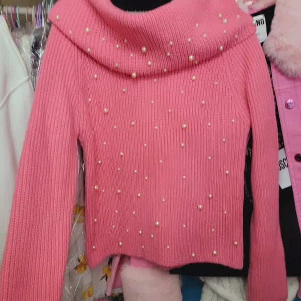 [BUNJANG] Pearl Embellished Pink Knit Sweater / 진주 장식 핑크 니트 수입