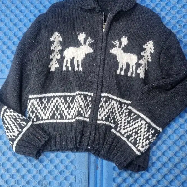 [BUNJANG] Knit Zip-Up Jacket with Elk Pattern / 니트 닾업 쟈켓