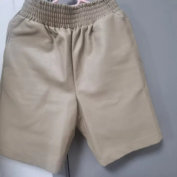 [BUNJANG] Faux Leather Banding Shorts Beige / 페이크 레더 밴딩 반바지 베이지
