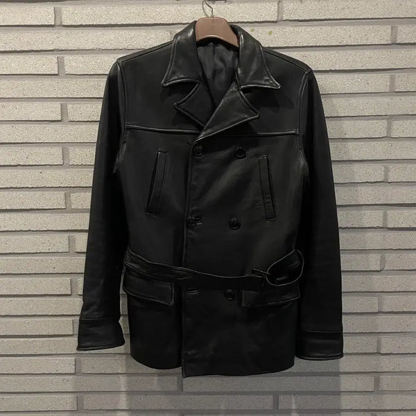 [BUNJANG] Vintage Lambskin Belted Double-Button Half Jacket - Black / VINTAGE 양가죽 벨티드 하프 자켓 더블버튼 블랙