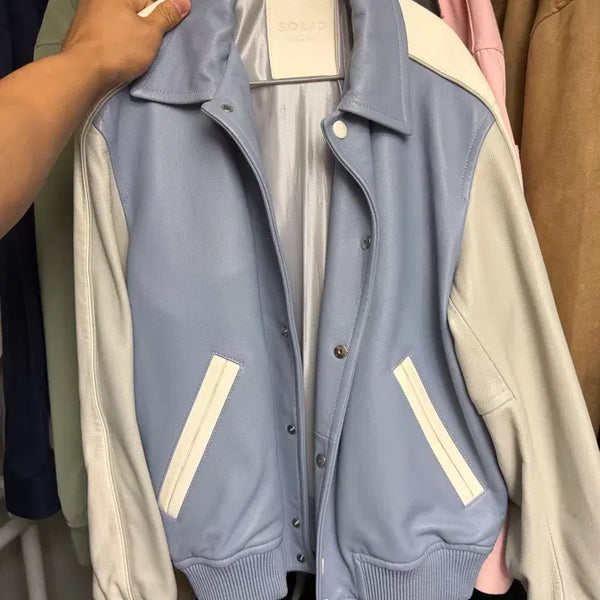 [BUNJANG] Solid Homme Blue Jean Leather Varsity Jacket / 솔리드 옴므 블루종 가죽 자켓 바시티 소라 48