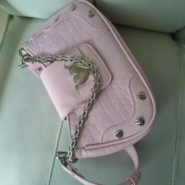 [BUNJANG] Pink Chain Shoulder Bag with Heart Charm / 핑크  체인 숄더백