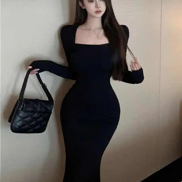 [BUNJANG] Square Neck Long Dress Black / 441. 예술핏 랍빠 스퀘어넥 찰랑 롱원피스 블랙