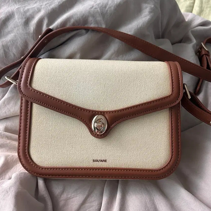 [BUNJANG] Square Canvas & Leather Shoulder Bag - Brown / 스퀘어 캔버스 앤 레더 숄더백 브라운