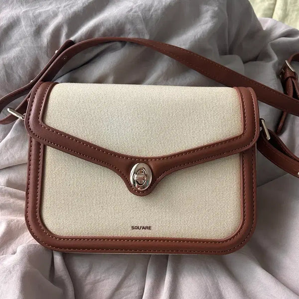 [BUNJANG] Square Canvas & Leather Shoulder Bag - Brown / 스퀘어 캔버스 앤 레더 숄더백 브라운