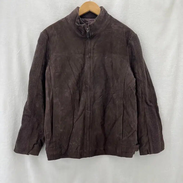 [BUNJANG] Galaxy High Neck Leather Jacket Brown / [Galaxy] 갤럭시 송아지가죽 니트배색 하이넥 레더자켓