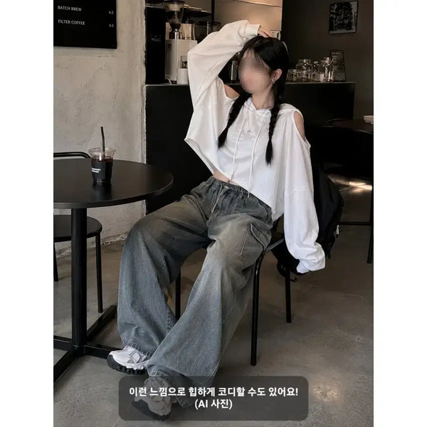 [BUNJANG] White Cropped Off-Shoulder Hoodie / 화이트 크롭 오프숄더 후드티 (XS/S/M/L, 44/55/66/77, 80/85/90/95 사이즈)
