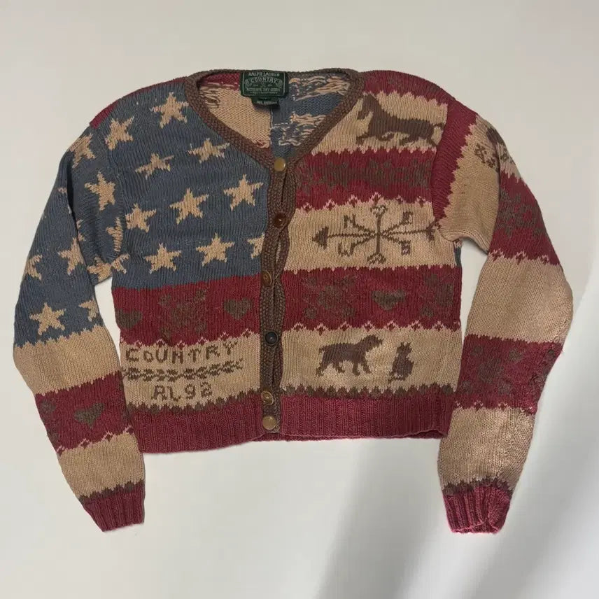 [BUNJANG] Rare 90s Polo Ralph Lauren Star-Spangled Banner Patchwork Crop Cardigan / 희귀!! 여성 90s 폴로 랄프로렌 성조기 패치 워크 크롭 가디건