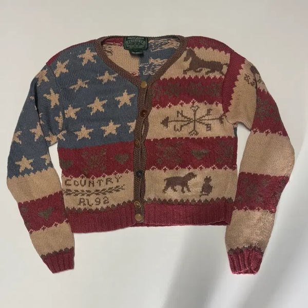 [BUNJANG] Rare 90s Polo Ralph Lauren Star-Spangled Banner Patchwork Crop Cardigan / 희귀!! 여성 90s 폴로 랄프로렌 성조기 패치 워크 크롭 가디건