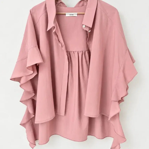 [BUNJANG] SYSTEM Frill Cape Shirring Blouse (Indi Pink) / 한섬 정품] 시스템(SYSTEM) 프릴 케이프 셔링 블라우스 (82-94-160)