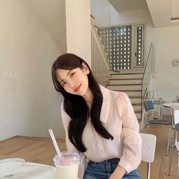 [BUNJANG] Silk See-Through Long-Sleeve Blouse / 실크 시스루 긴팔 블라우스