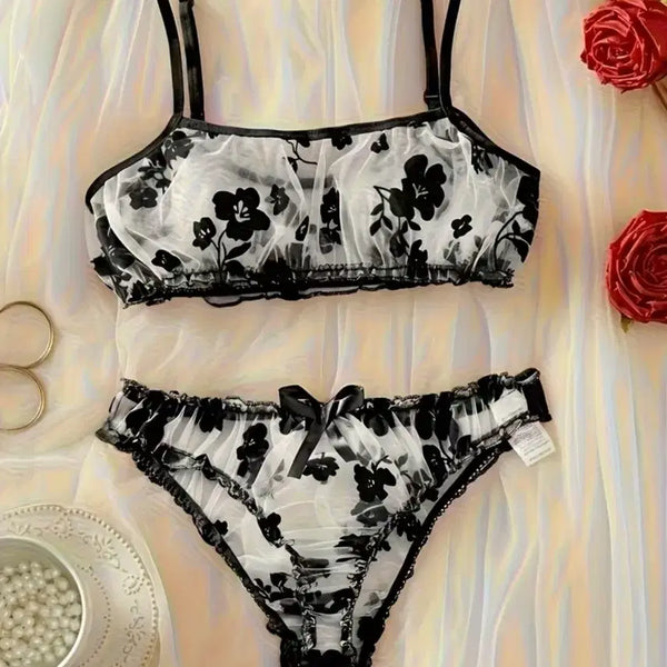 [BUNJANG] Black Flower Pattern Bra Top and Panty Set / (중고) P 블랙플라워패턴 브라탑 팬티세트