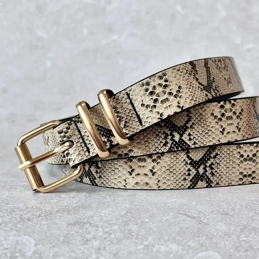 [BUNJANG] Python Embossed Faux Leather Gold Bar Western Belt / 파이톤 뱀피 프린팅 가죽 골드바 웨스턴 벨트