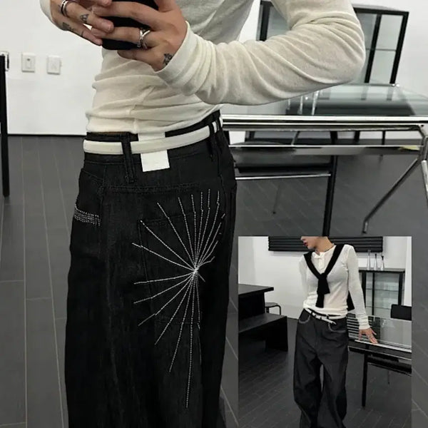 [BUNJANG] Spider Web Embroidery Wide Pants / 스파이더 힙 자수 와이드 팬츠