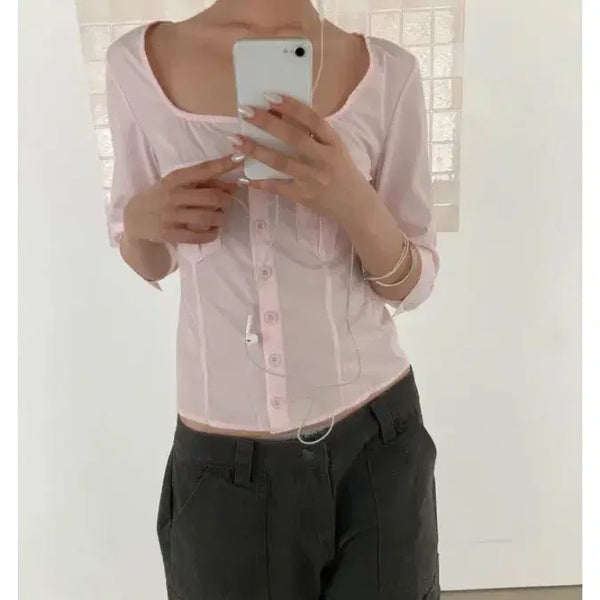 [BUNJANG] WOHNET Pink Square Neck Shirt / 워넷 핑크 스퀘어넥 셔츠