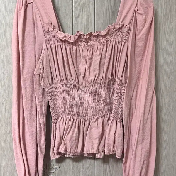[BUNJANG] Sheer Shirring Square Neck Long Sleeve Blouse / 블러싱 셔링 스퀘어넥 긴팔