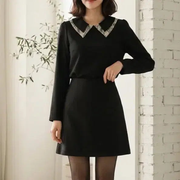 [BUNJANG] Black Lace Collar Back Zipper Blouse / [새상품] 블랙 뒷지퍼 레이스카라 블라우스