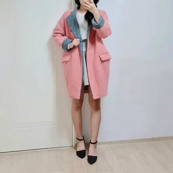 [BUNJANG] Thick Indie Pink Batwing Collar Boucle Coat / 도톰 인디핑크 가오리핏 배색 카라 부클 코트