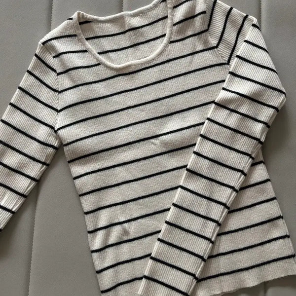 [BUNJANG] Basic Stripe Long Sleeve T-Shirt Ivory / 기본 스트라이프 긴팔 티셔츠 아이보리