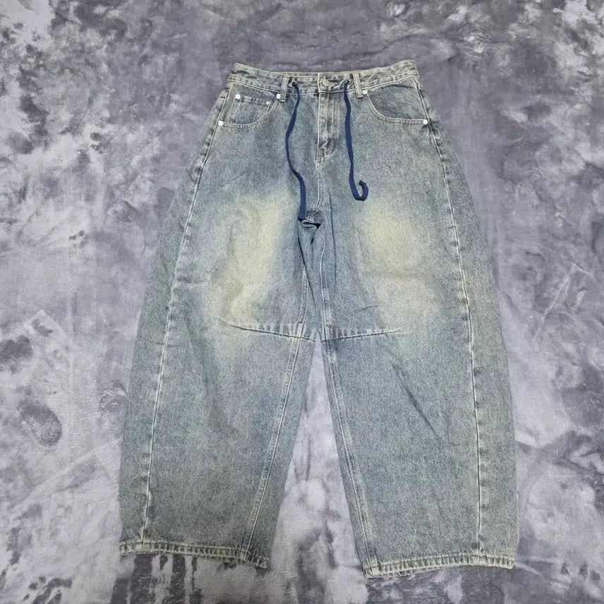 [BUNJANG] Cross String Banding Balloon Wide Denim Pants / (L)크로스 스트링 밴딩 벌룬 와이드 데님 팬츠